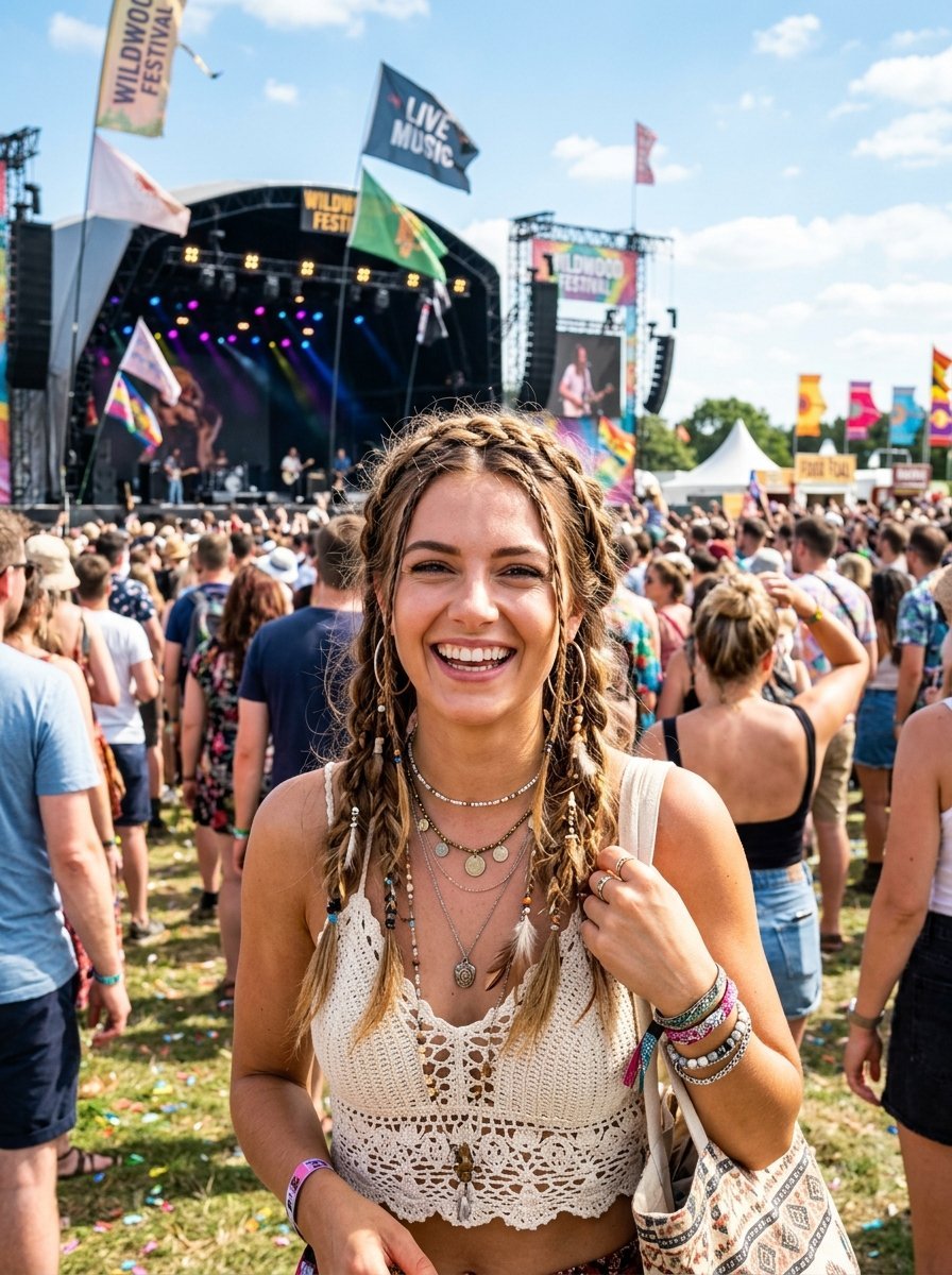 Close up of a young smiling woman in a crochet top with braided hair at a sunny festival with a stage in the background.