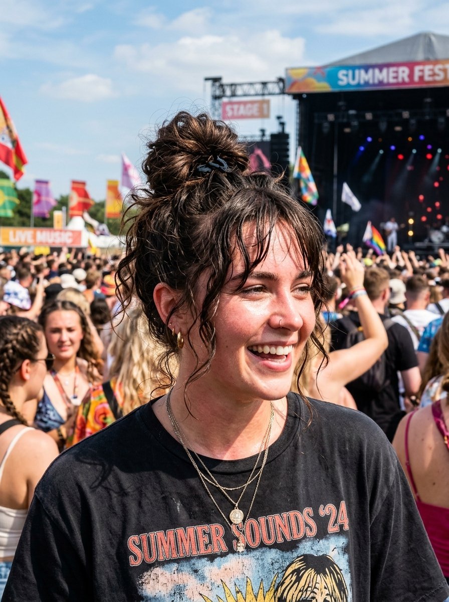 A smiling young woman with a messy bun hairstyle wearing a graphic t-shirt at a crowded outdoor summer music festival.