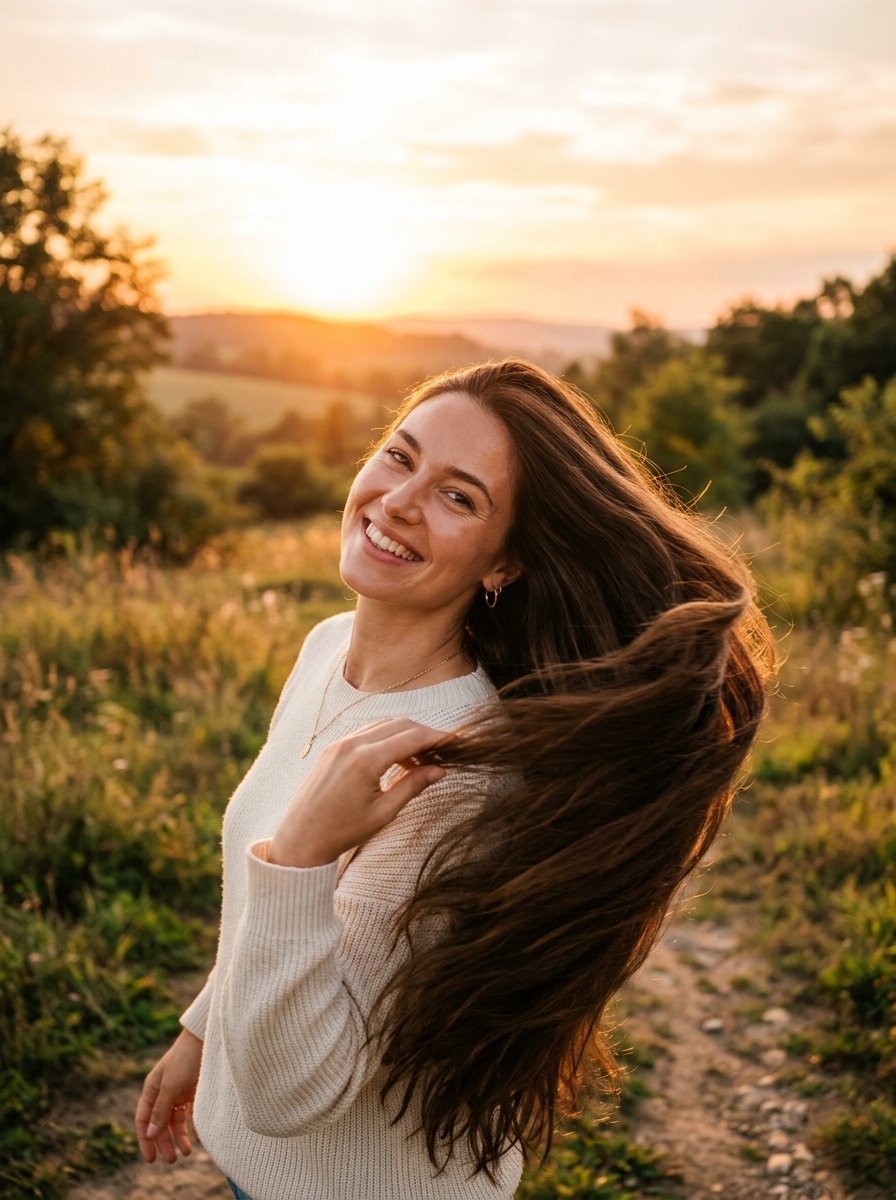 Portrait of a smiling young woman in a white sweater with long hair blowing in the wind at sunset.