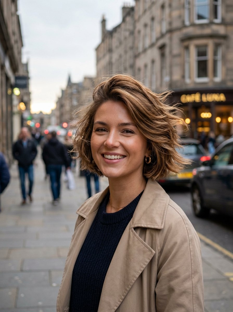 Portrait of a smiling woman with shoulder-length wavy hair wearing a tan trench coat on a city sidewalk.
