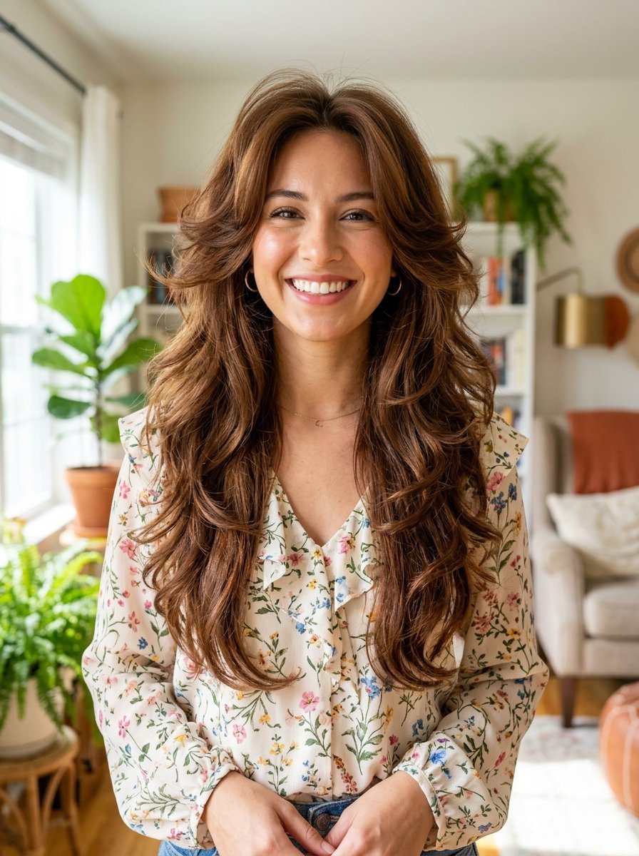 Portrait of a smiling woman with voluminous layered brown hair wearing a floral blouse in a sunlit room.