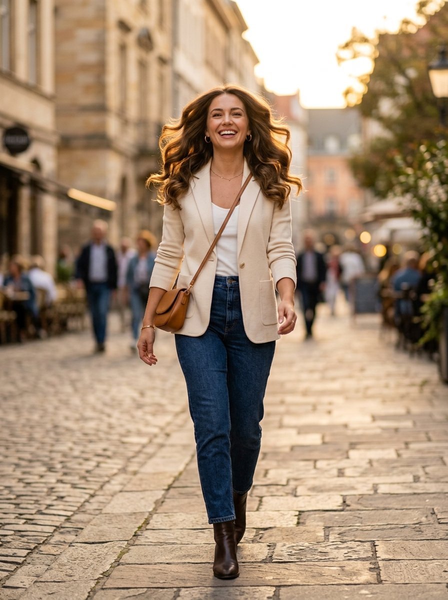 A smiling woman with wavy hair in a beige blazer and jeans walks down a cobblestone street at sunset.