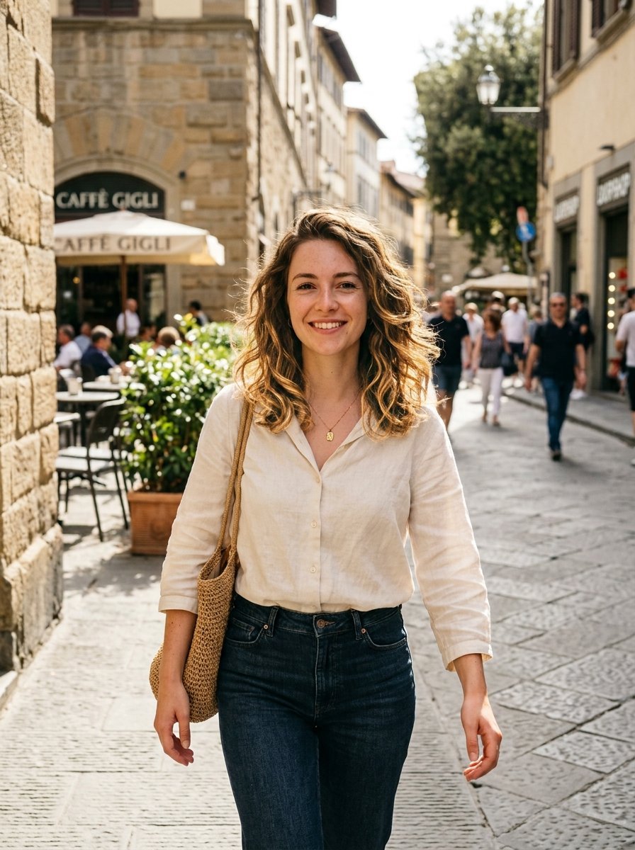 Portrait of a smiling woman with wavy hair wearing a white linen shirt and jeans walking down a historic city street.