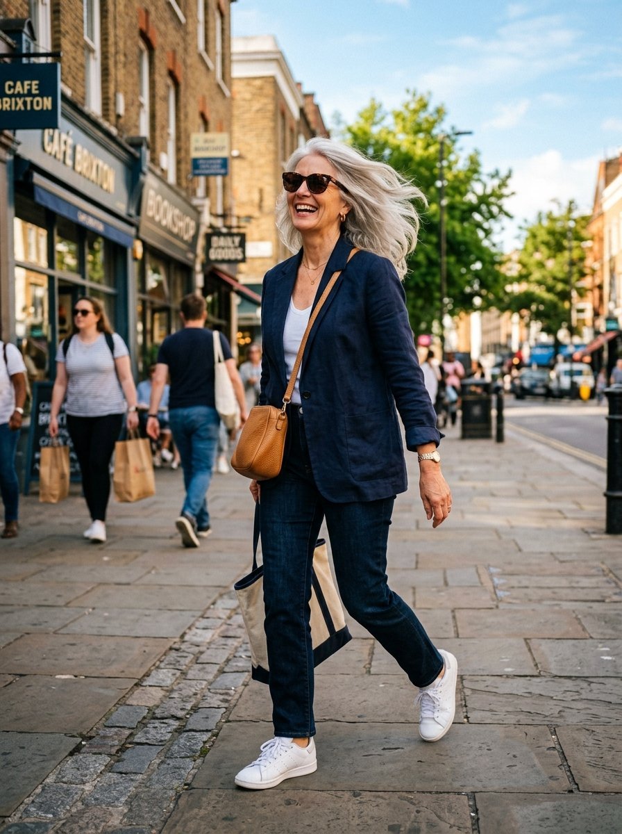 Smiling woman in a navy blazer and white sneakers walking on a sidewalk past shops.