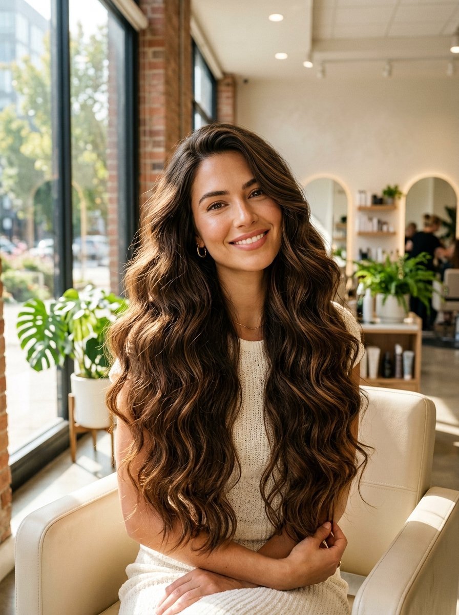 Portrait of a woman with long, voluminous dark brown hair sitting in a bright hair salon.