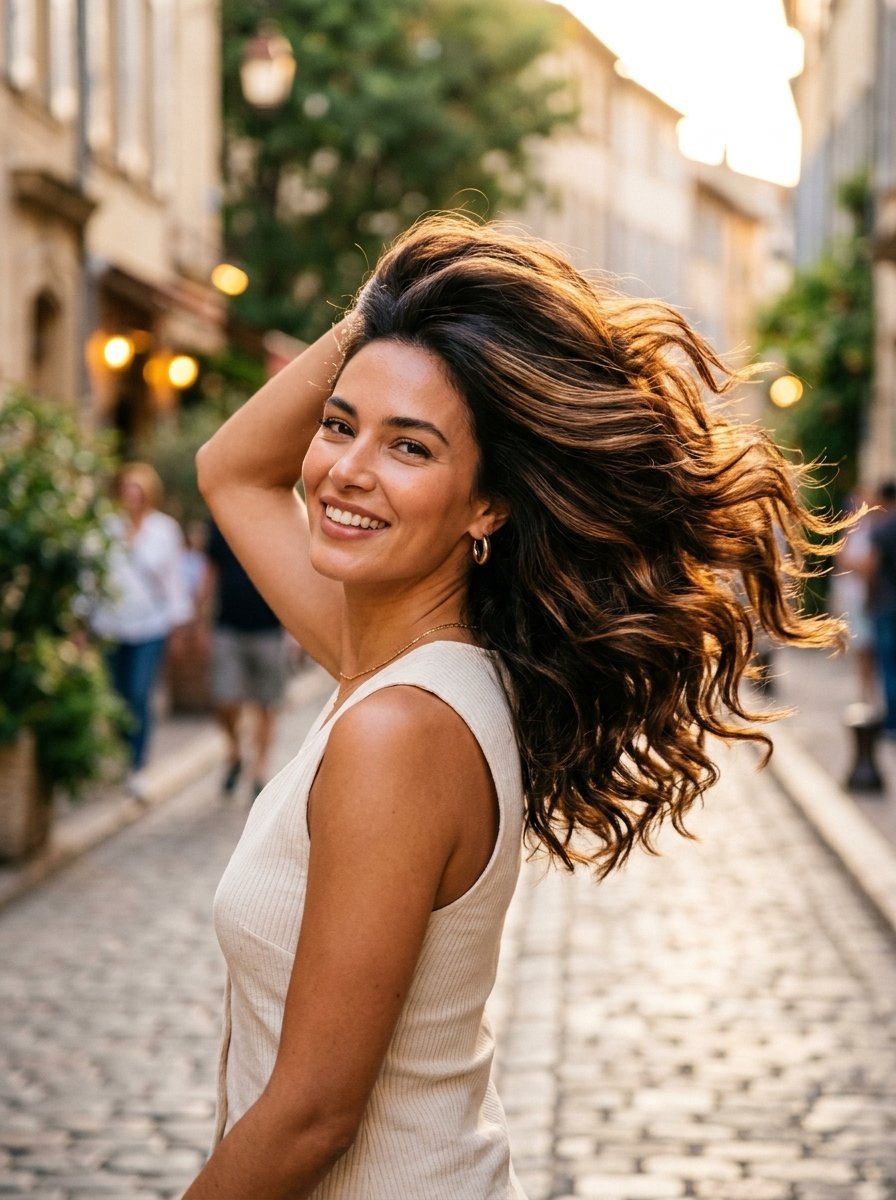 Portrait of a smiling young woman with long, textured brown hair flowing in the wind against a blurred urban background.