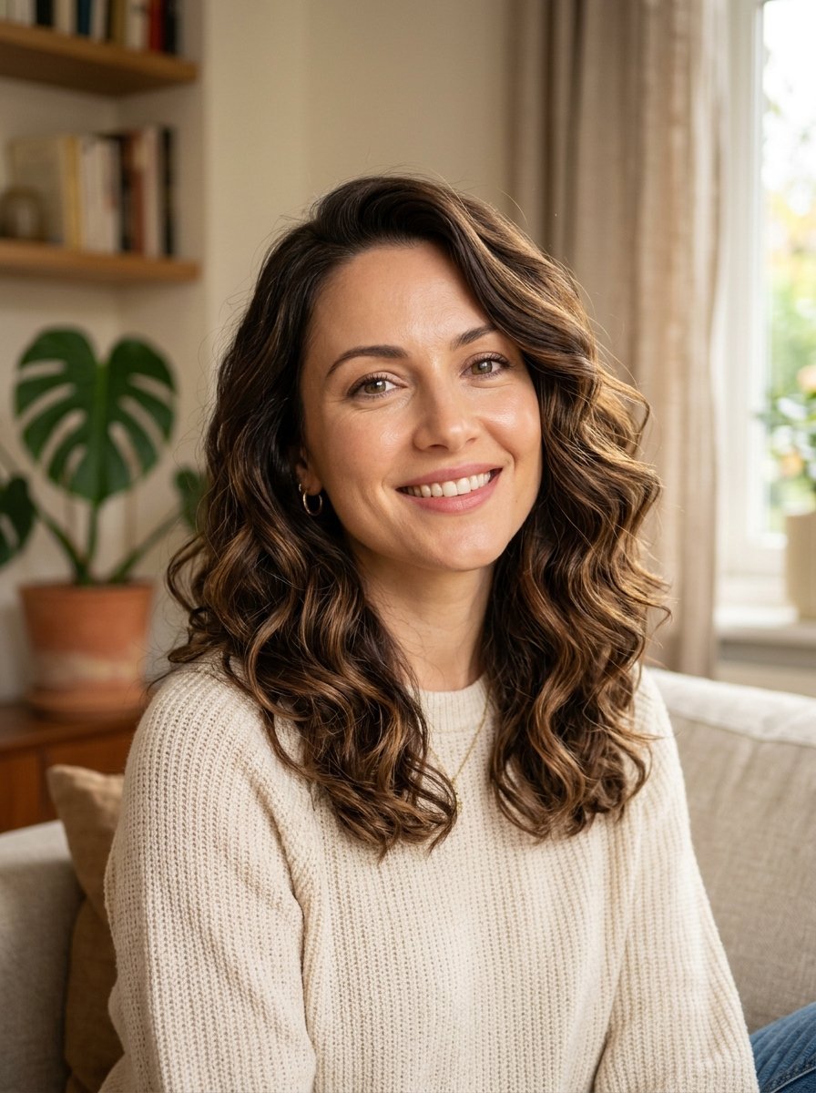 Portrait of a friendly woman with brown curly hair sitting on a sofa in a home setting.