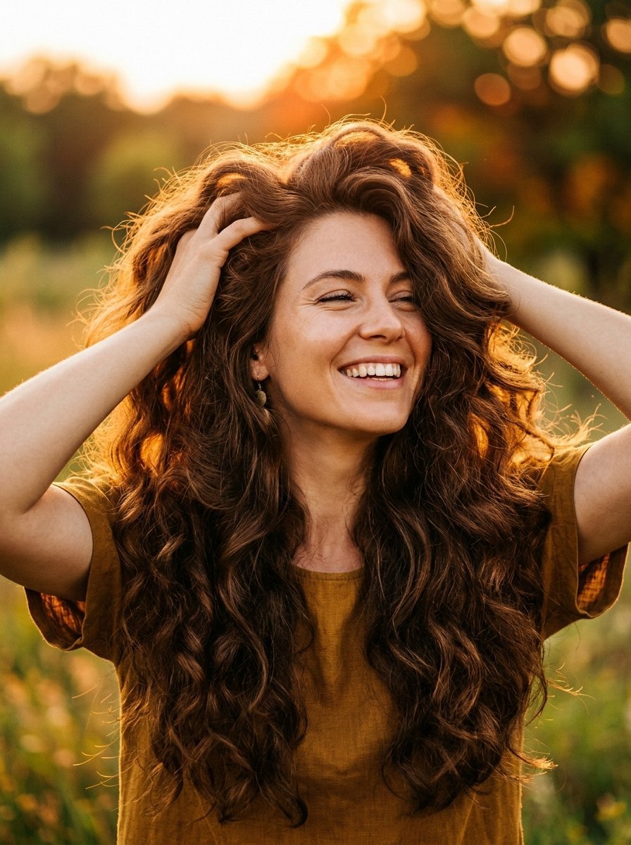 Close up portrait of a smiling woman with voluminous brown curls in a sunny outdoor field.