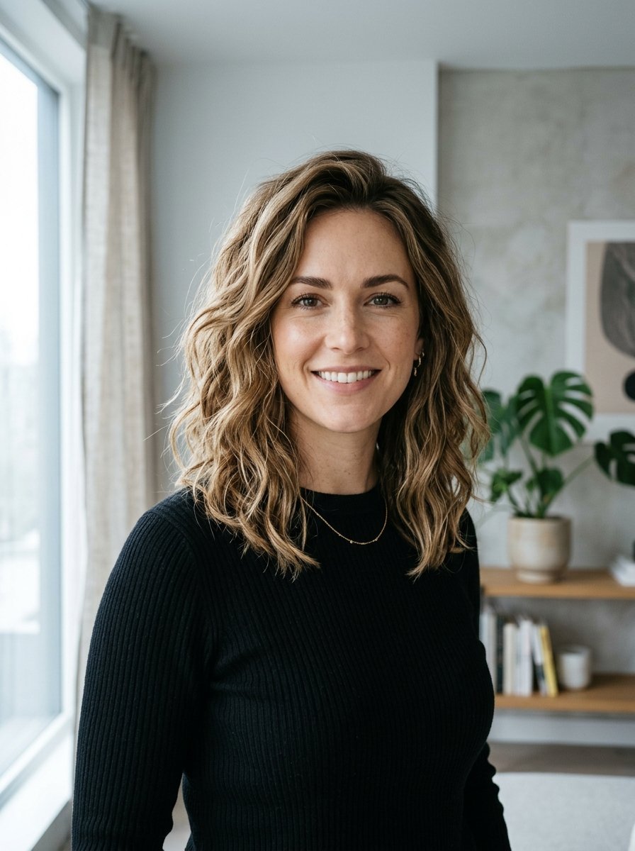 Portrait of a woman with shoulder-length wavy hair wearing a black ribbed shirt inside a bright room.