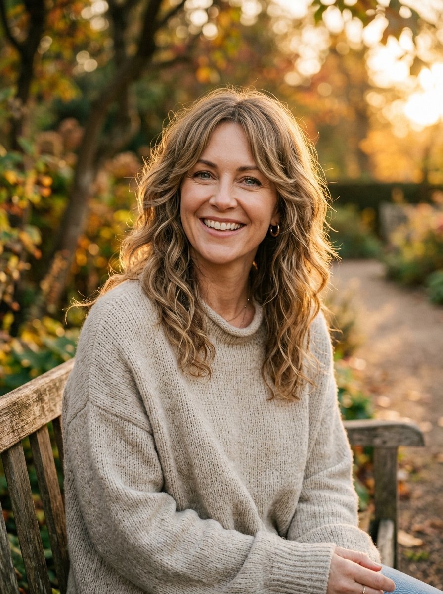 Portrait of a happy middle-aged woman in a chunky knit sweater posing in a garden at sunset.