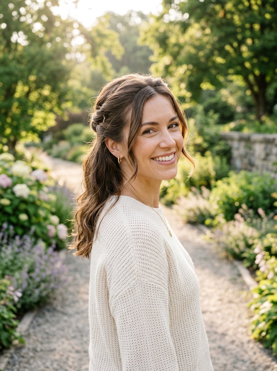A brunette woman with half-up hair smiling at the camera outdoors wearing a textured white sweater.