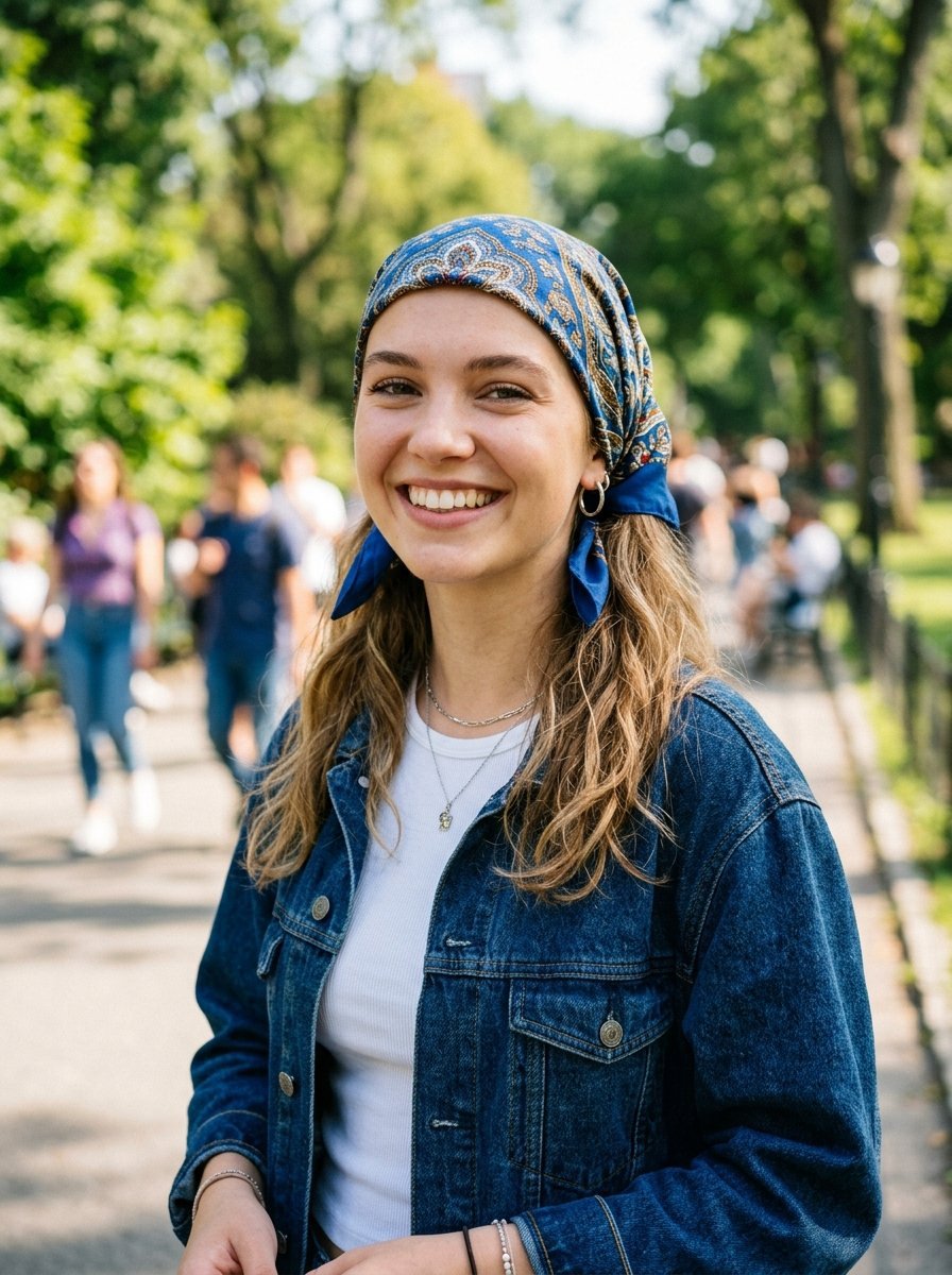 Portrait of a smiling girl with long blonde hair tied back with a blue paisley patterned headscarf in a park.