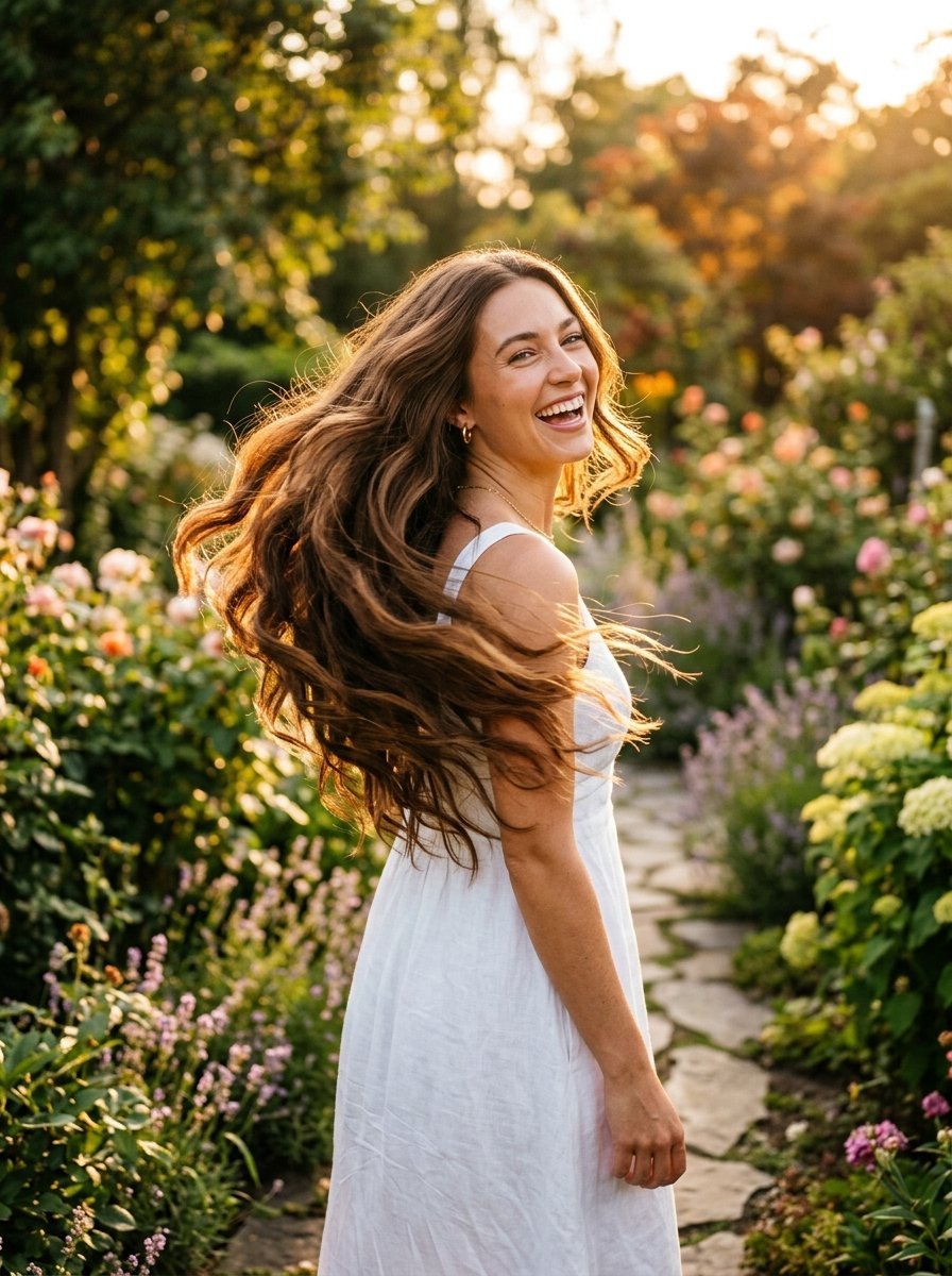 A long-haired woman smiling over her shoulder while standing on a stone path surrounded by blooming flowers.