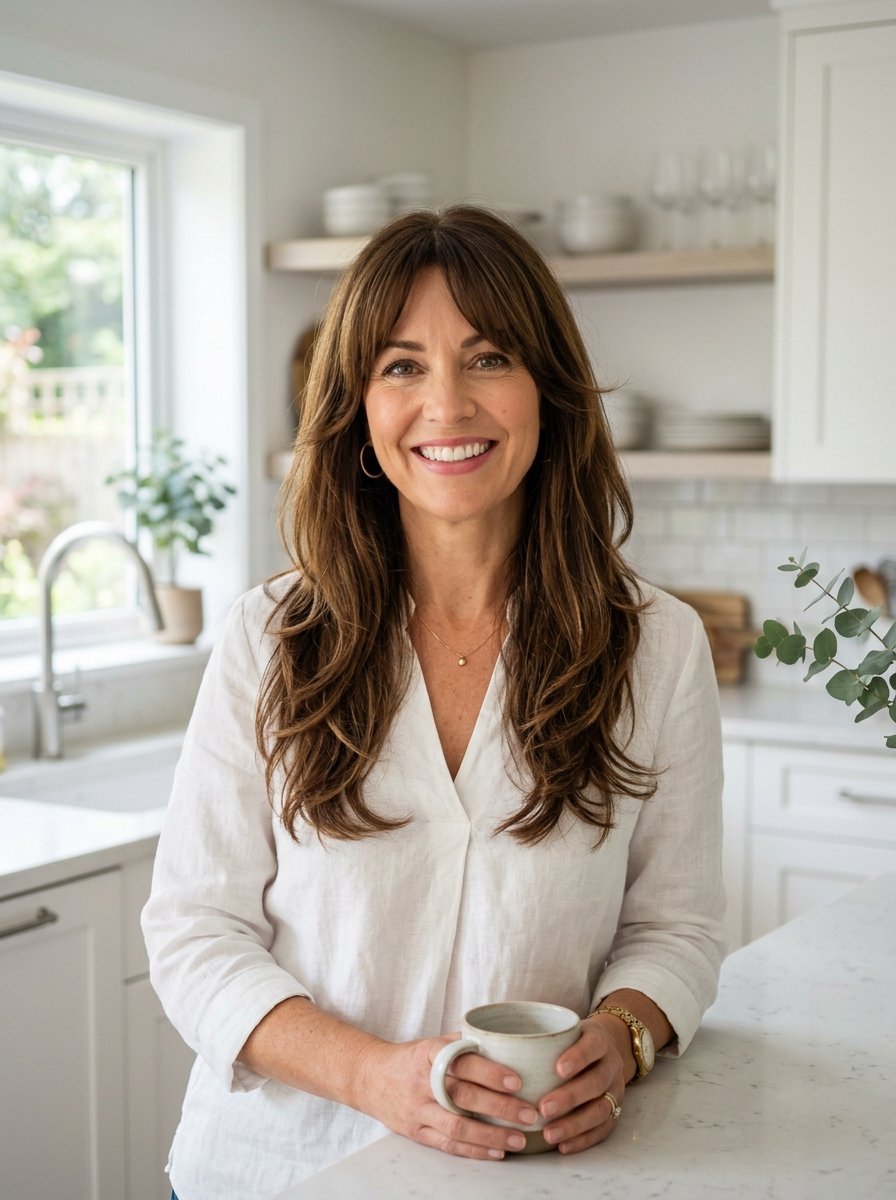 Portrait of a woman with long brown hair wearing a white top while holding a coffee mug in a modern kitchen.