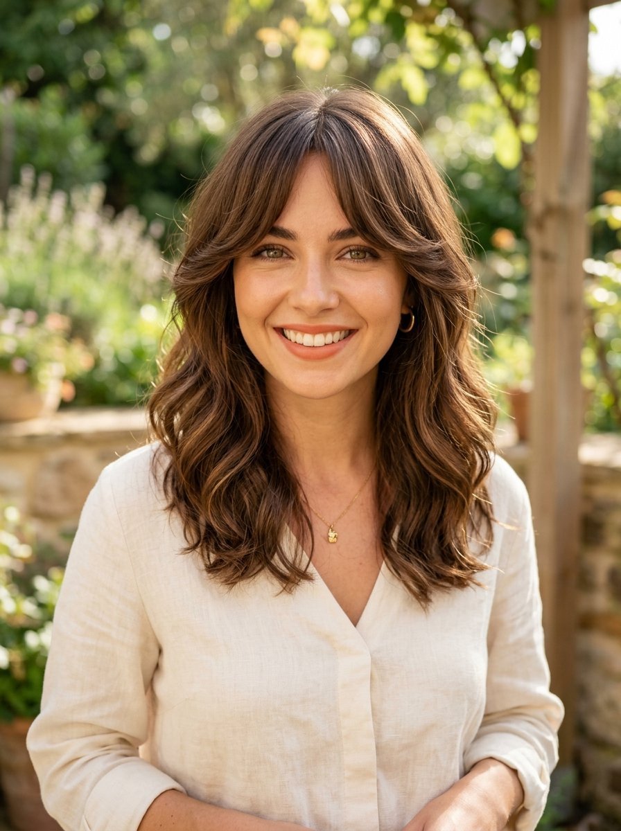 Portrait of a woman with long wavy brown hair featuring curtain bangs wearing a linen shirt in a garden setting.