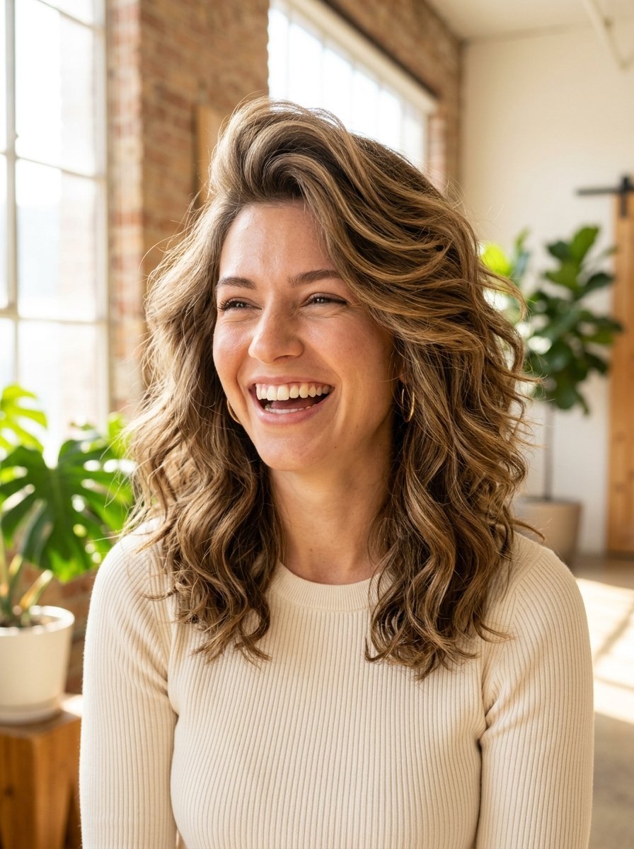 Close-up of a smiling woman with voluminous wavy brown hair wearing a beige ribbed long-sleeve shirt.