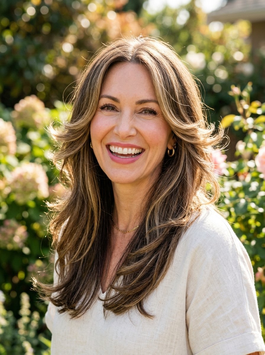 Portrait of a smiling woman with wavy brunette hair standing in front of greenery.