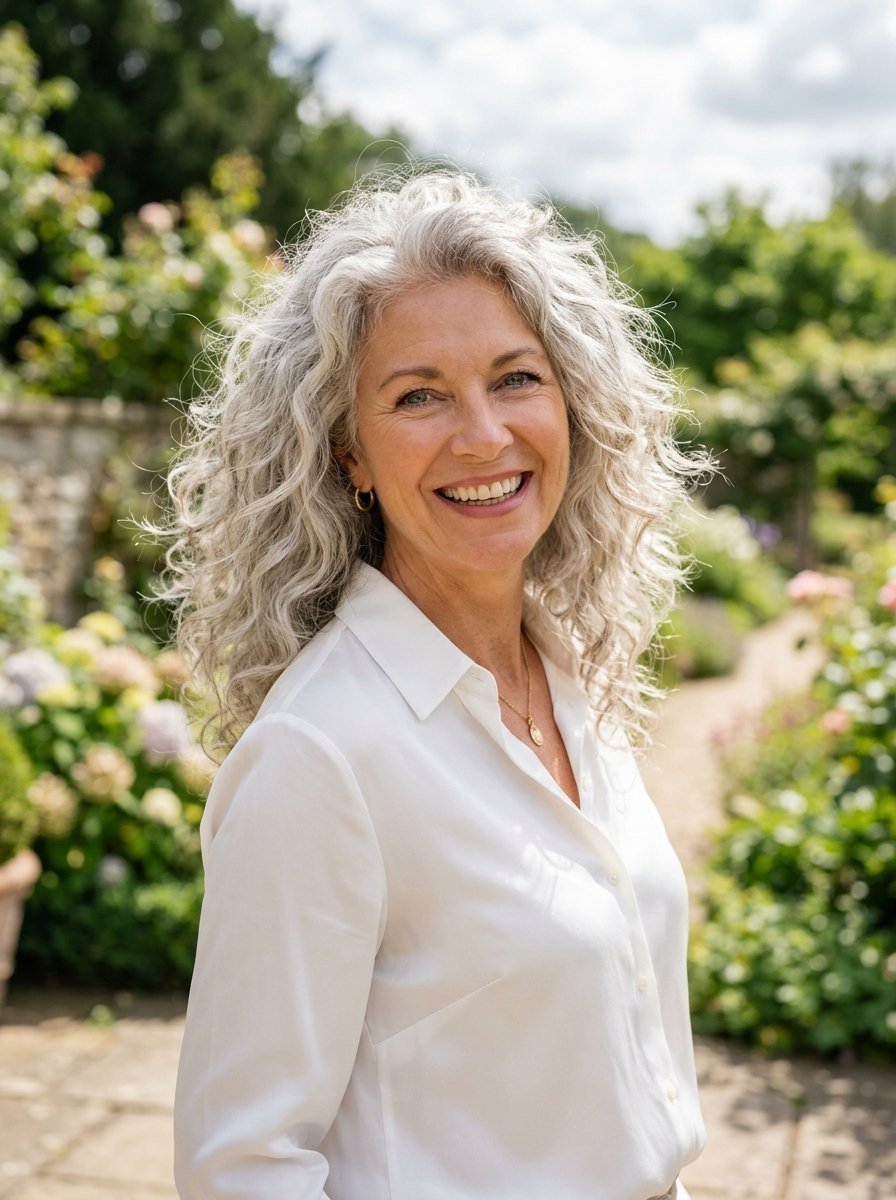 Portrait of a smiling middle-aged woman wearing a white collared shirt in a lush garden.