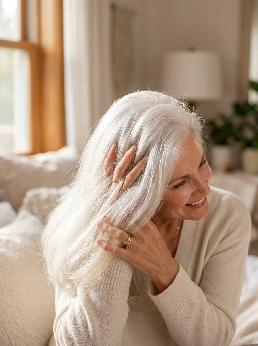 Close up of an elegant woman with white hair smiling and touching her locks while wearing a cozy cream sweater.