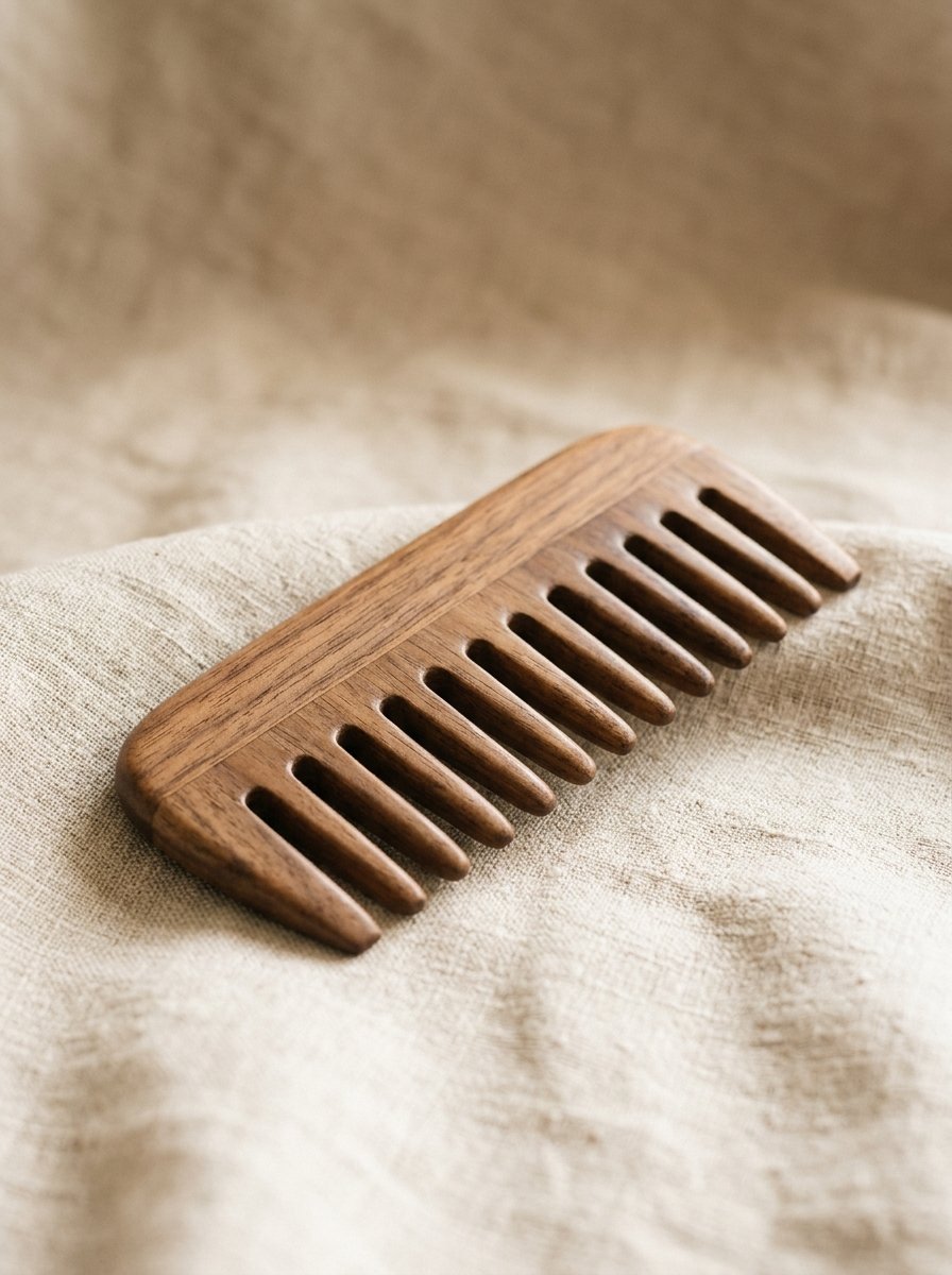 Close up of a dark brown polished wooden hair comb laying on a wrinkled cream linen cloth.