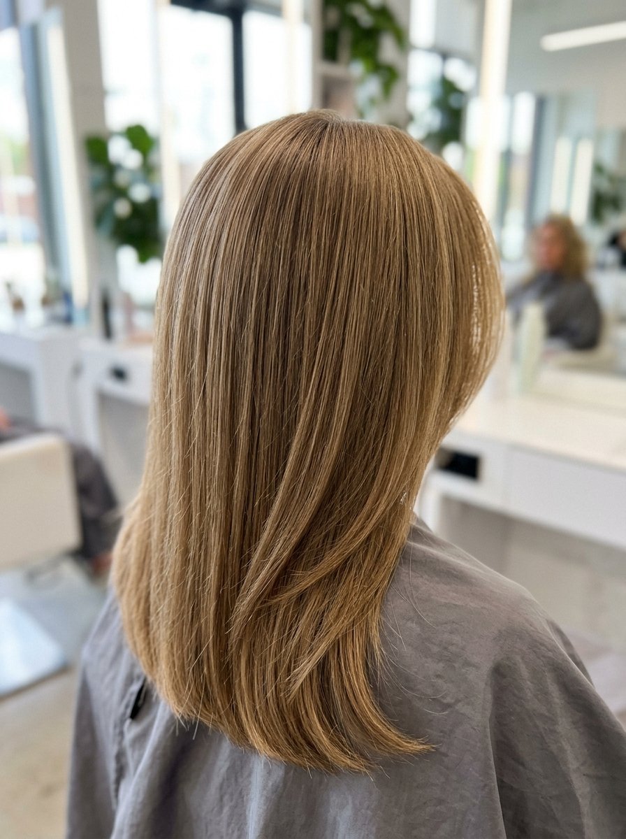Back view of a woman with straight shoulder-length light brown hair in a salon chair.