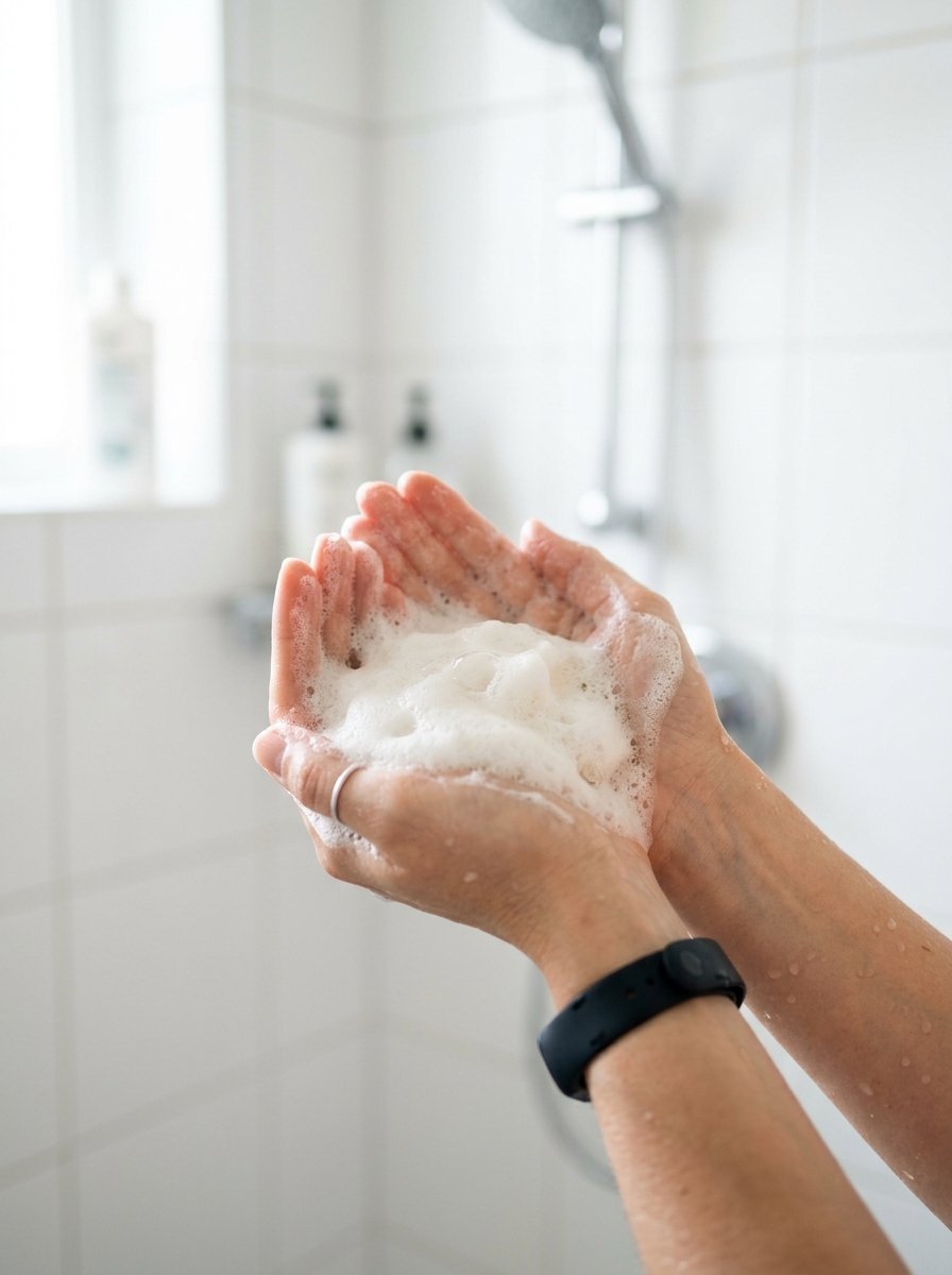 Close-up of hands cupping thick soap foam inside a bright white tiled bathroom shower.