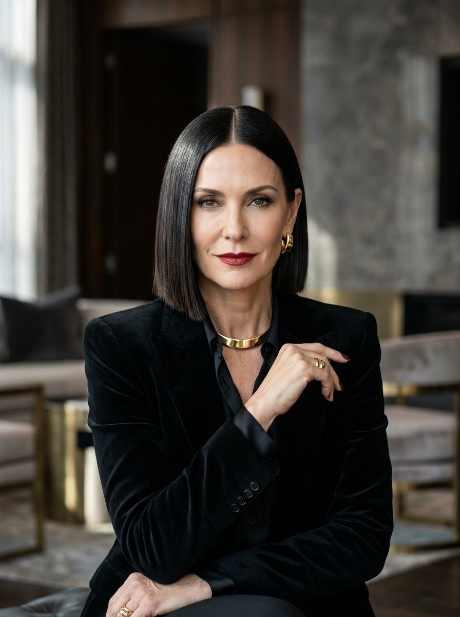 Portrait of a stylish woman in a velvet suit with bold red lipstick and gold jewelry in a luxury hotel lounge.