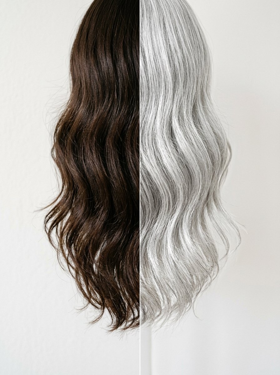 Close up of hair split down the middle into dark brown and bright platinum blonde waves against a white background.