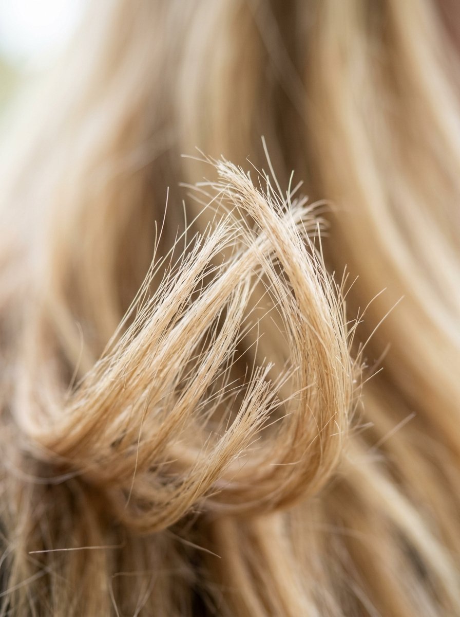 Macro shot showing frayed and brittle split ends on blonde hair strands.