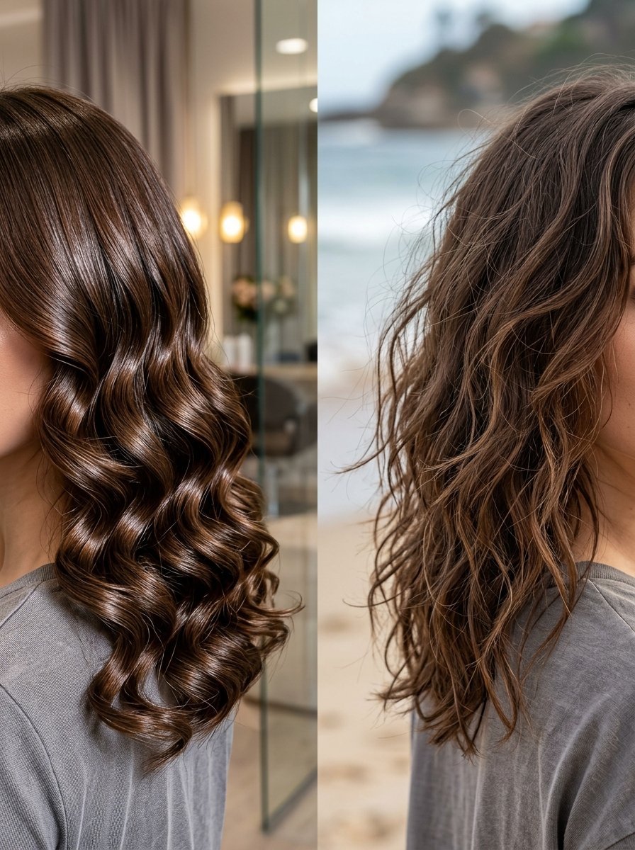 Before and after style split showing smooth brunette curls on the left and messy ocean-inspired waves on the right.