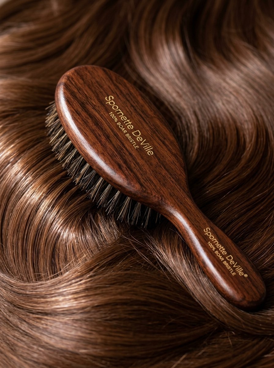 A dark wooden hair brush with natural bristles placed on top of flowing brown hair.