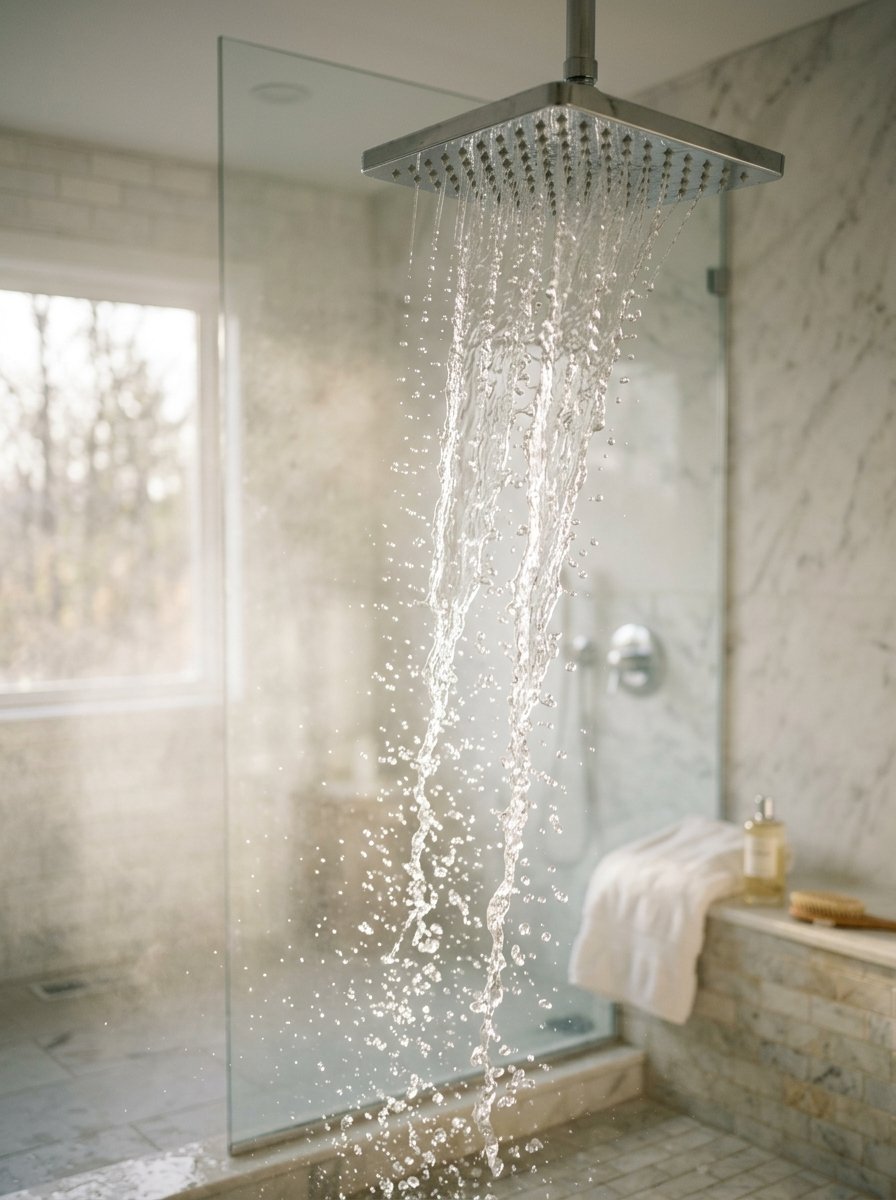 Close up of a square rainfall shower head spraying water in a bright, modern marble bathroom.