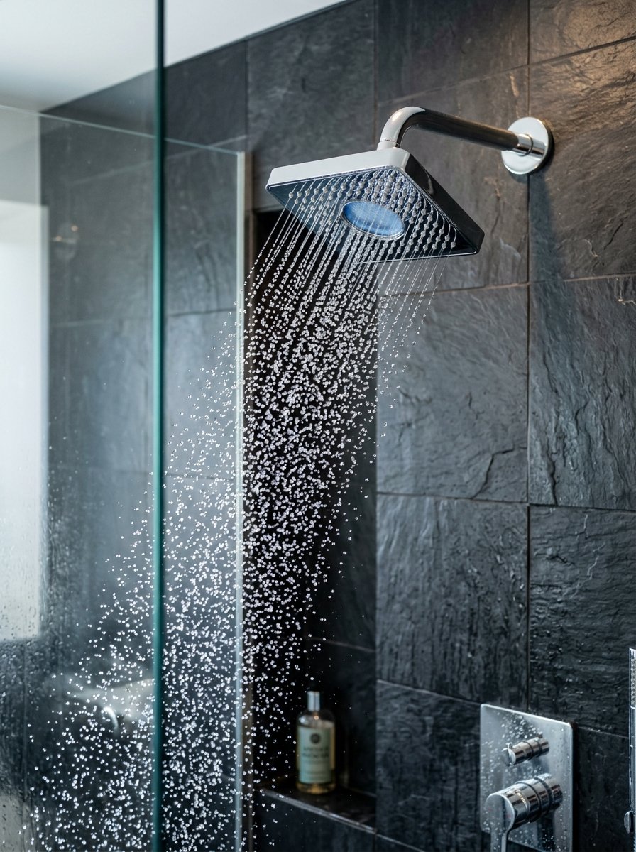 Close-up of a chrome square shower head mounted on a black slate wall, emitting a steady stream of water droplets.