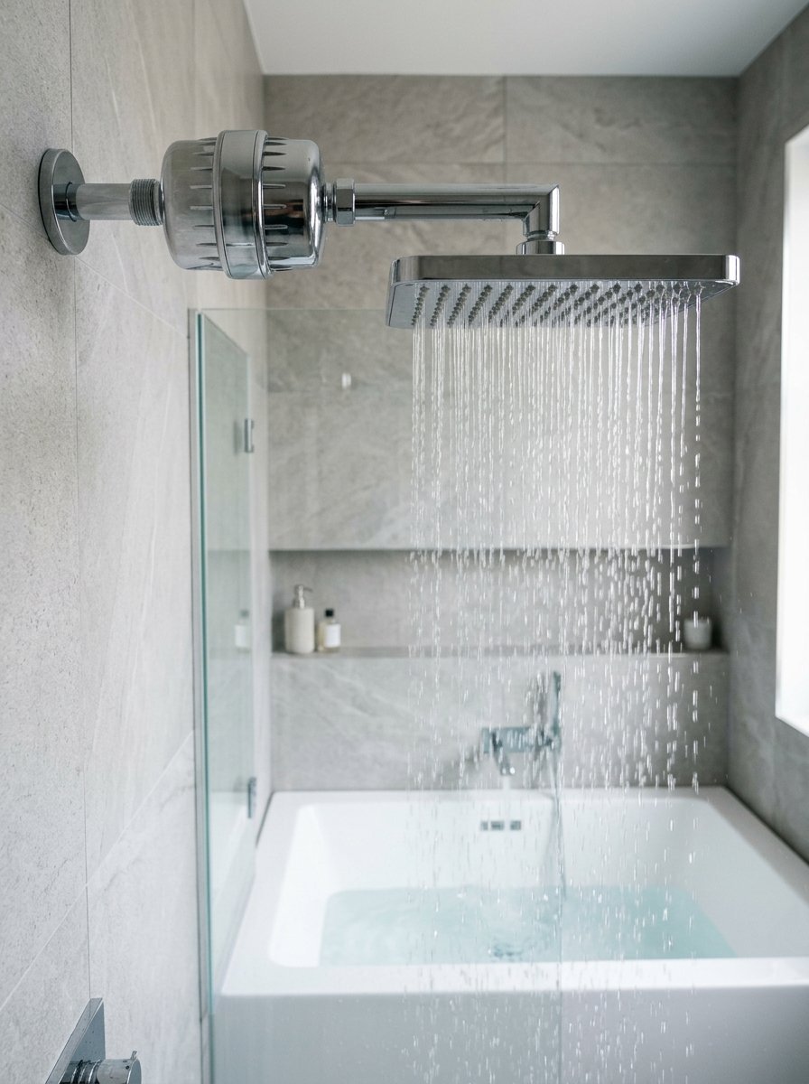 Water sprays down from a square chrome rainfall shower head into a white soaking bathtub.