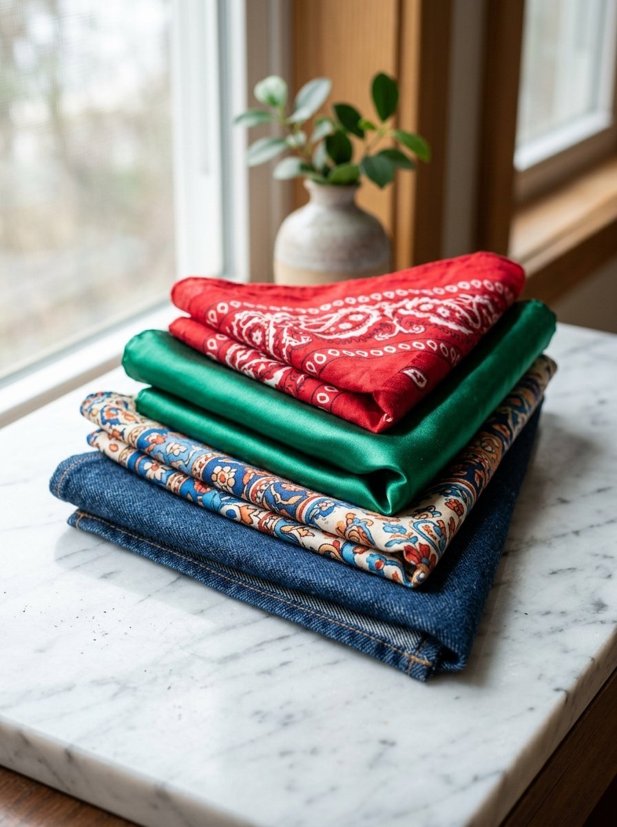 Four folded napkins made of denim, floral print, green silk, and a red paisley bandana stacked on marble.
