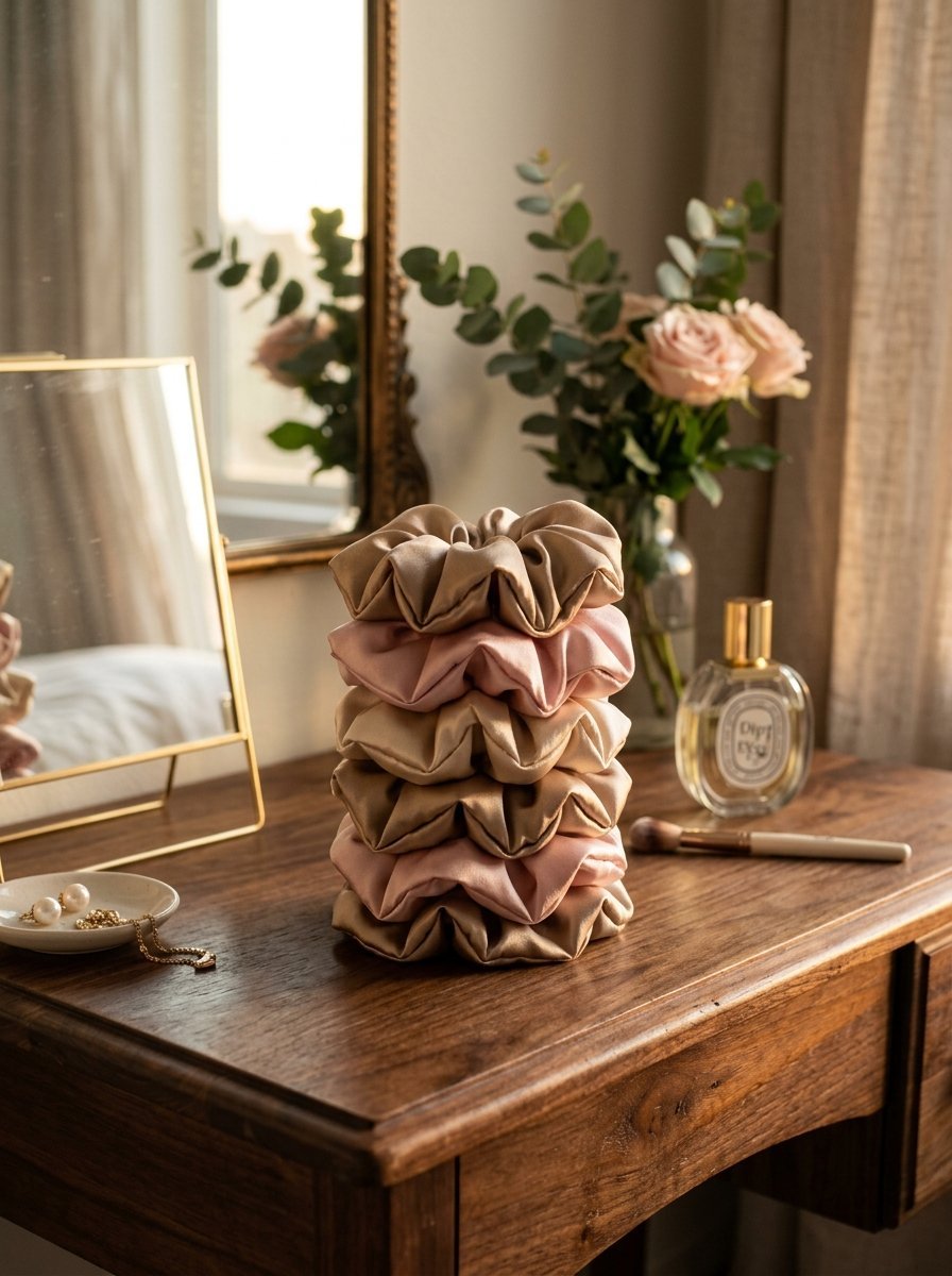 A vertical pile of soft fabric hair scrunchies sitting on a wooden vanity table beside perfume and flowers.