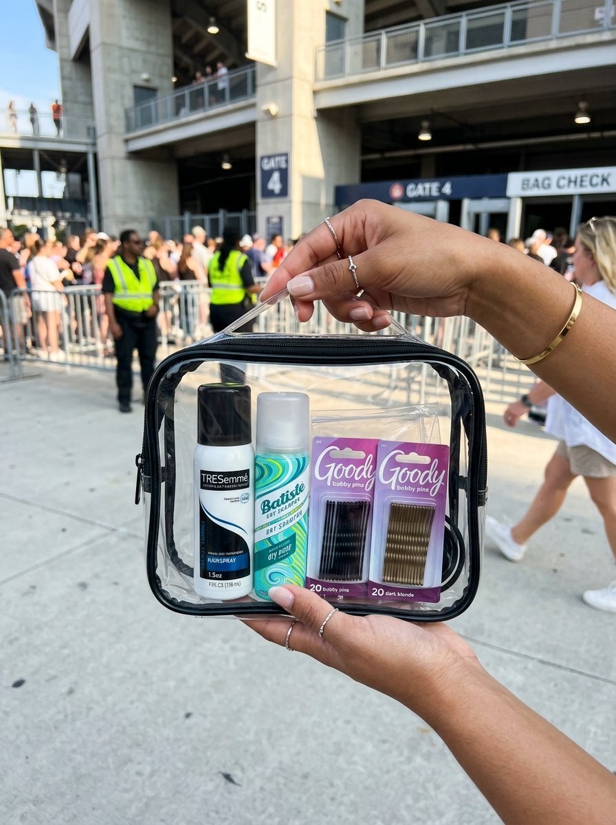 A person holding a transparent bag with hairspray, dry shampoo, and packs of bobby pins outside a sports arena.