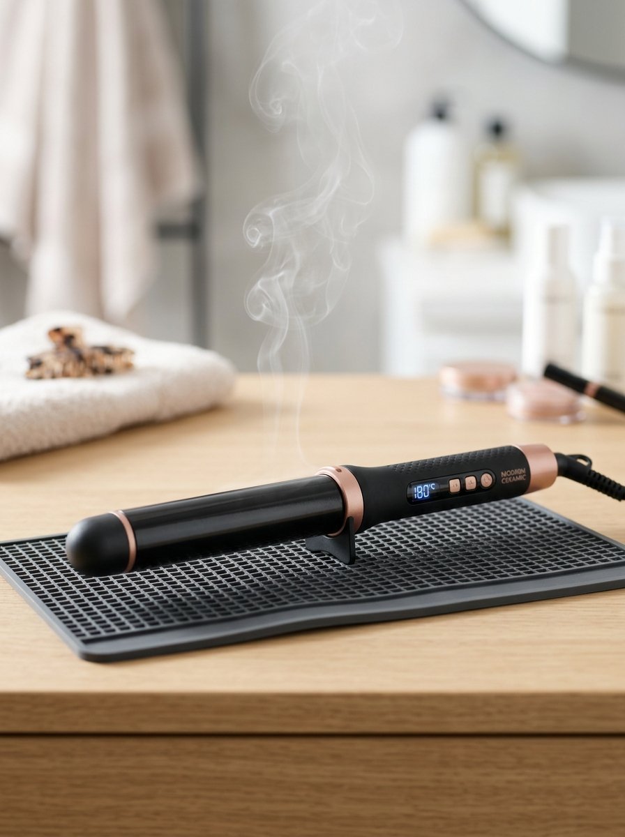 A hot curling iron resting on a grey silicone mat with visible steam rising from the barrel.