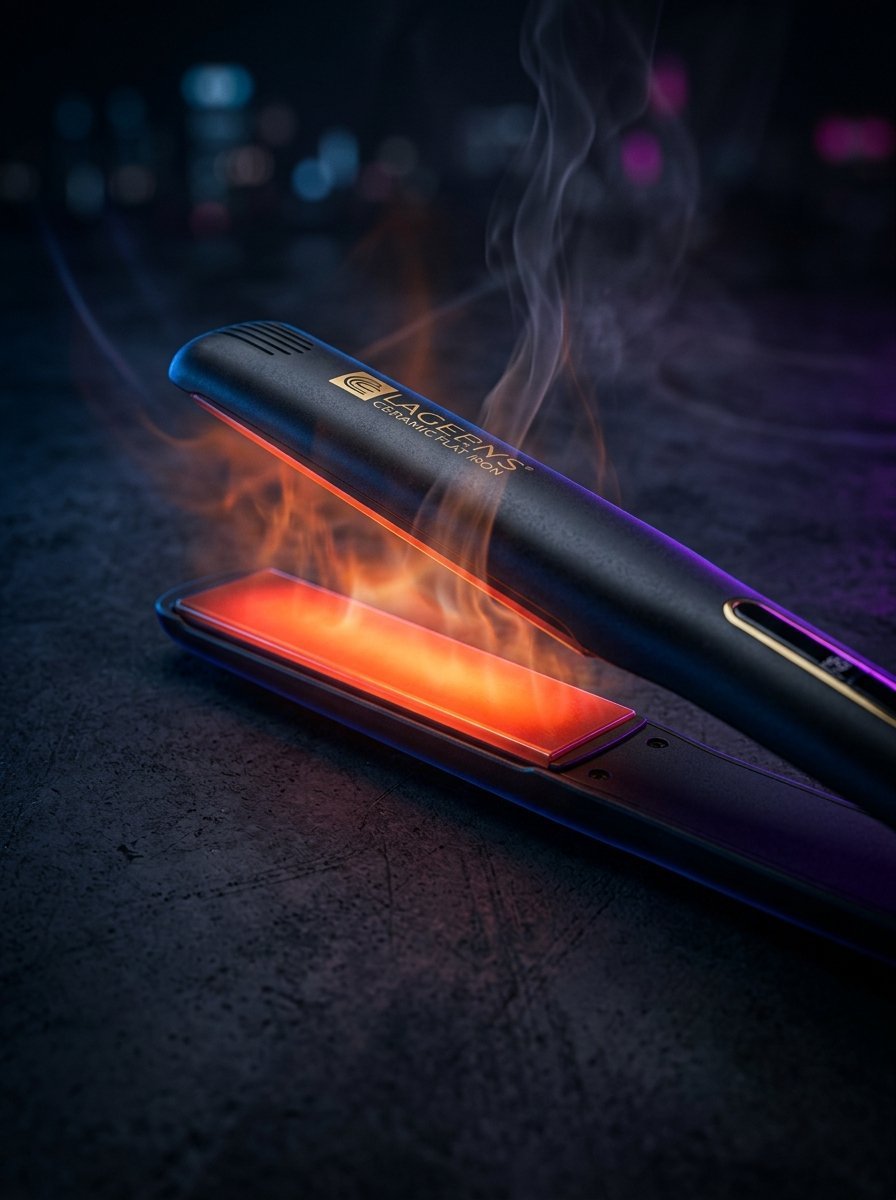 A glowing black hair styling tool releasing wisps of smoke against a dark purple background.