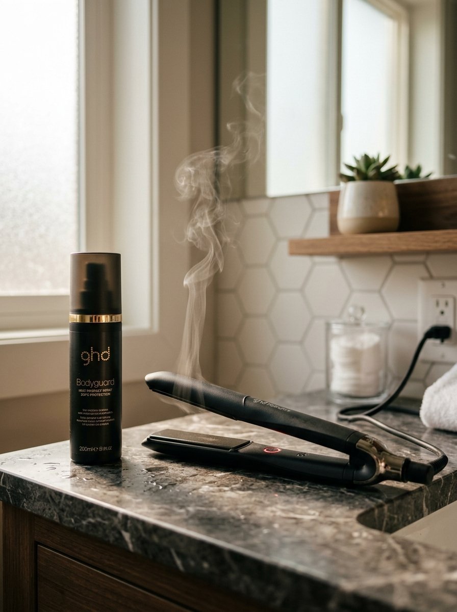 Black hair styling iron emitting wisps of steam next to a bottle of GHD heat protection spray on a marble vanity.