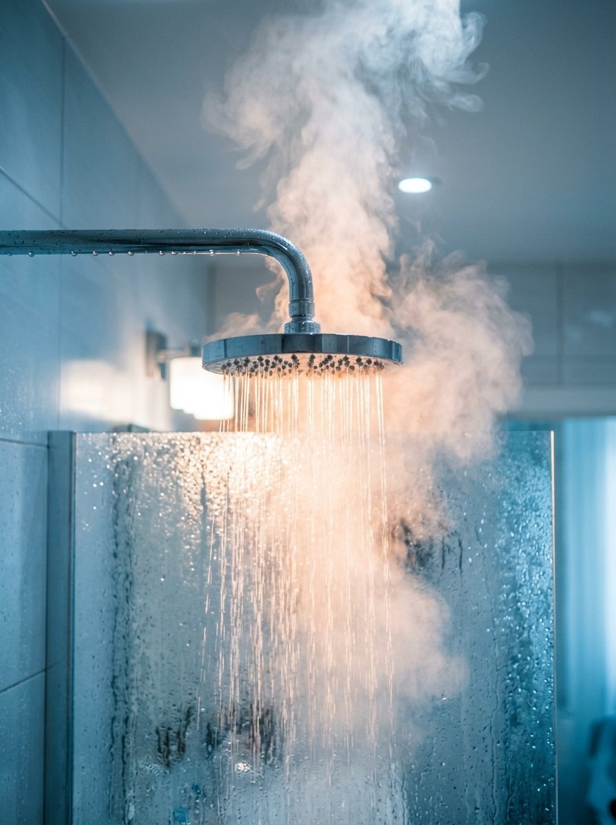 Close up of a modern chrome shower head spraying water with thick rising steam in a wet glass shower enclosure.