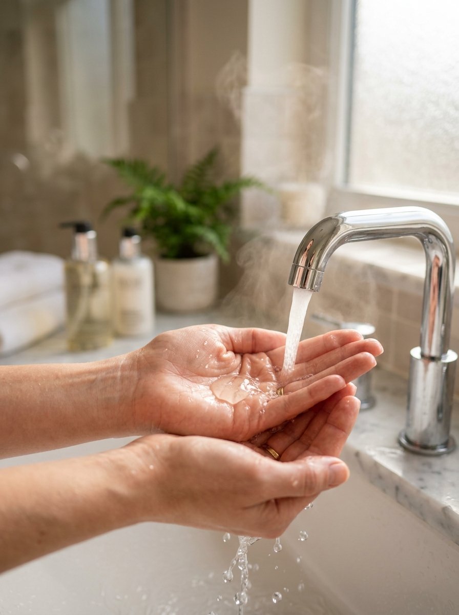Close up of a person catching hot steaming water from a chrome bathroom tap in their cupped hands.