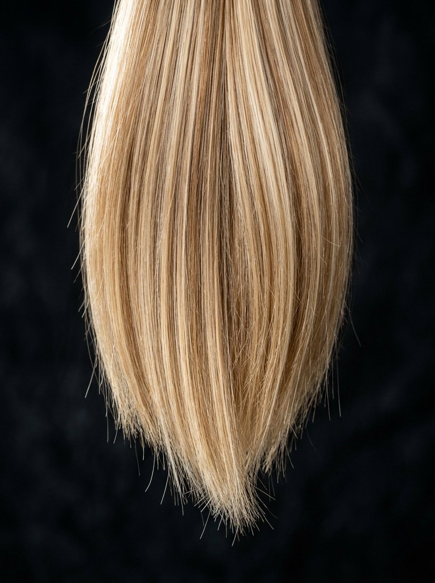 A straight lock of highlighted blonde hair hanging vertically in front of a dark backdrop.