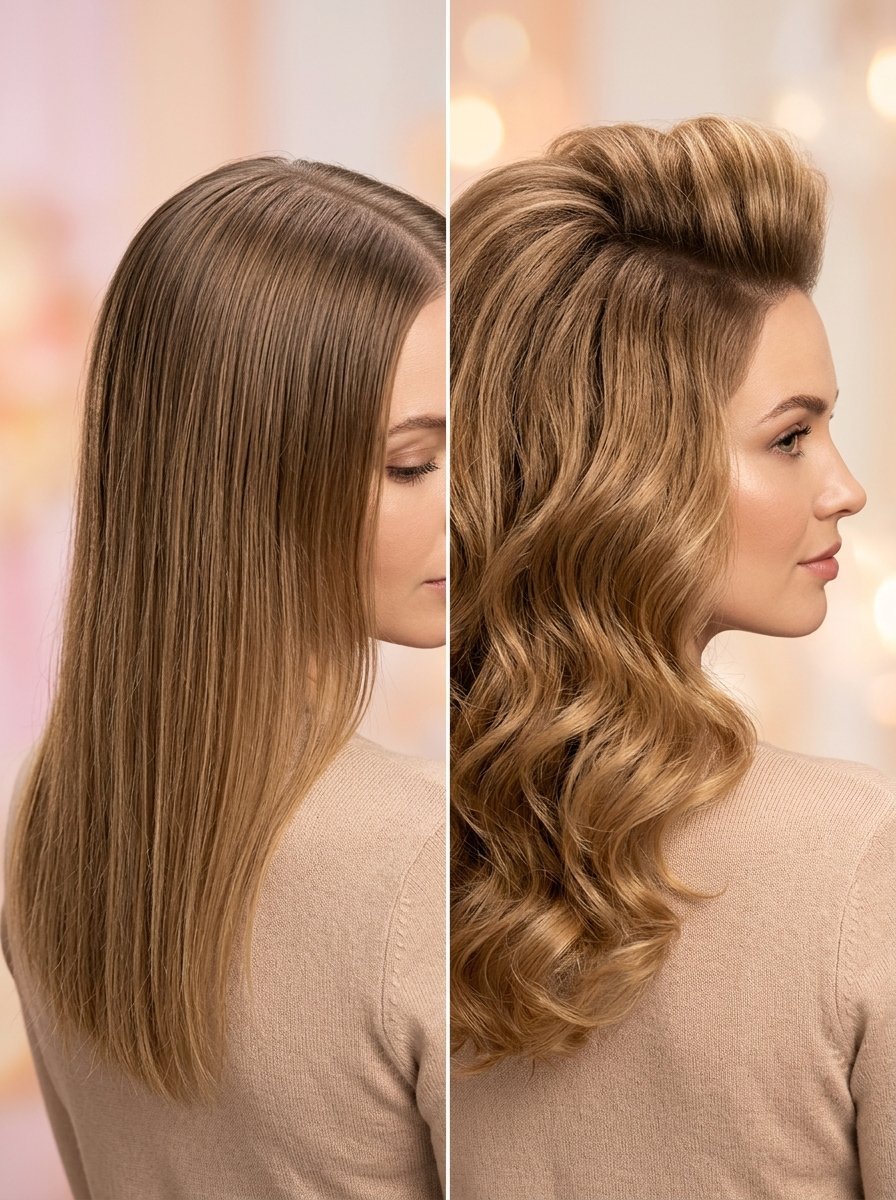 Before and after comparison of a woman showing smooth straight hair versus a high-volume wavy hairstyle.