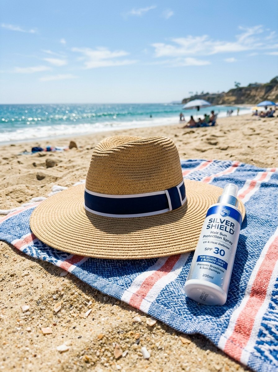 A woven sun hat and a bottle of Silver Shield hair sunscreen sitting on a blue and white striped towel at the beach.