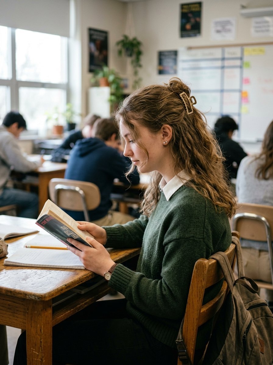 A girl with wavy hair reading a book at a wooden desk while other students study in the background.