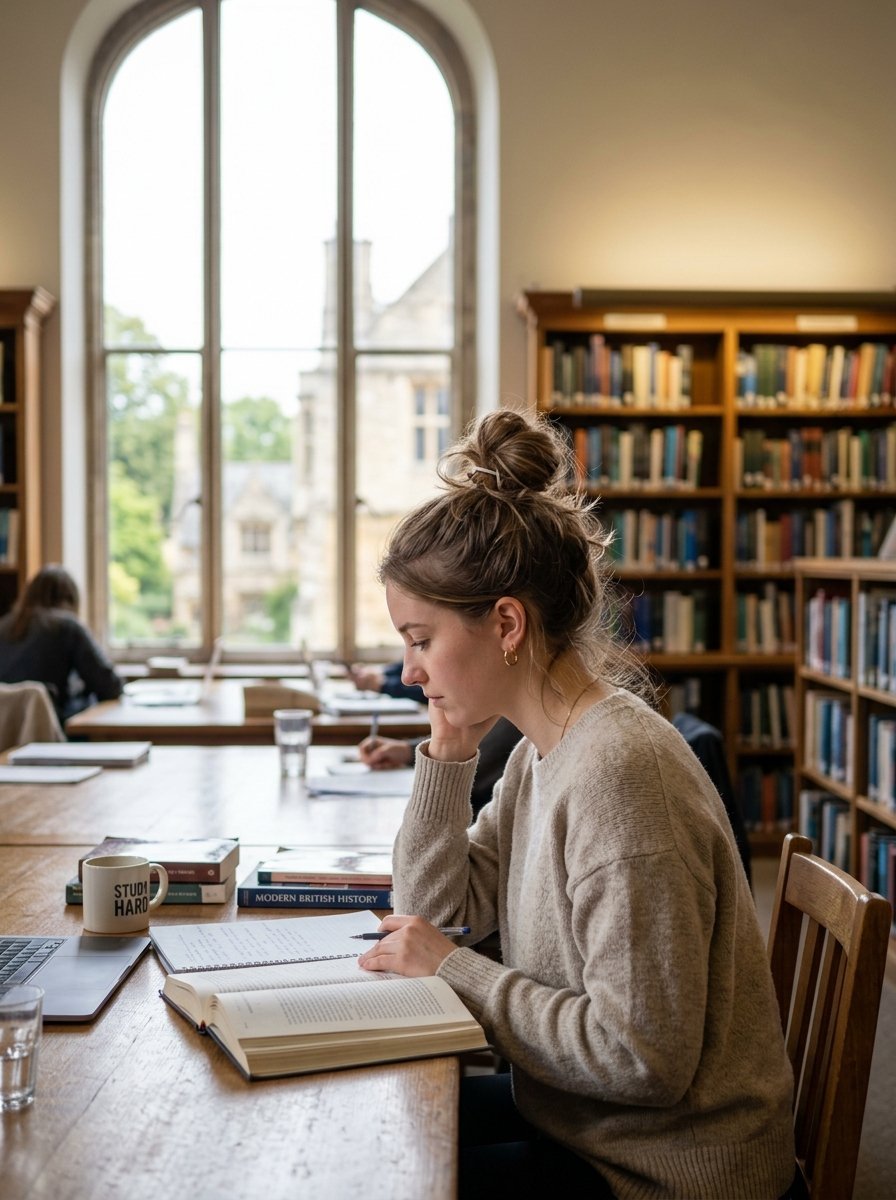 A young woman in a beige sweater reading a textbook at a wooden table in front of a tall arched library window.