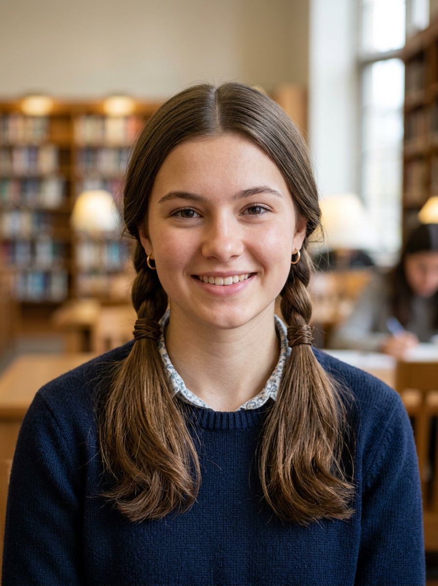 Portrait of a cheerful student with braided hair sitting in a public library with bookshelves in the background.