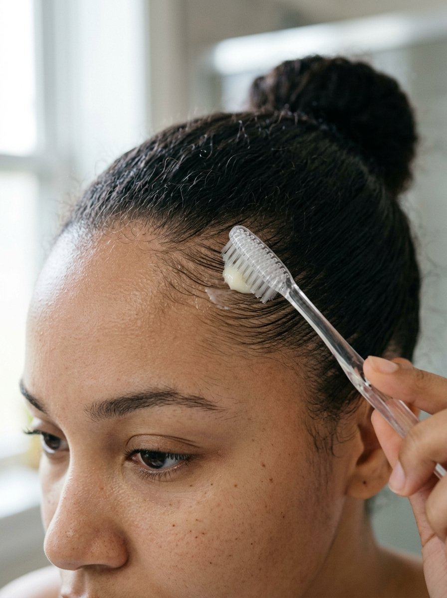 Close-up of a person applying hair gel to their baby hairs with a toothbrush.