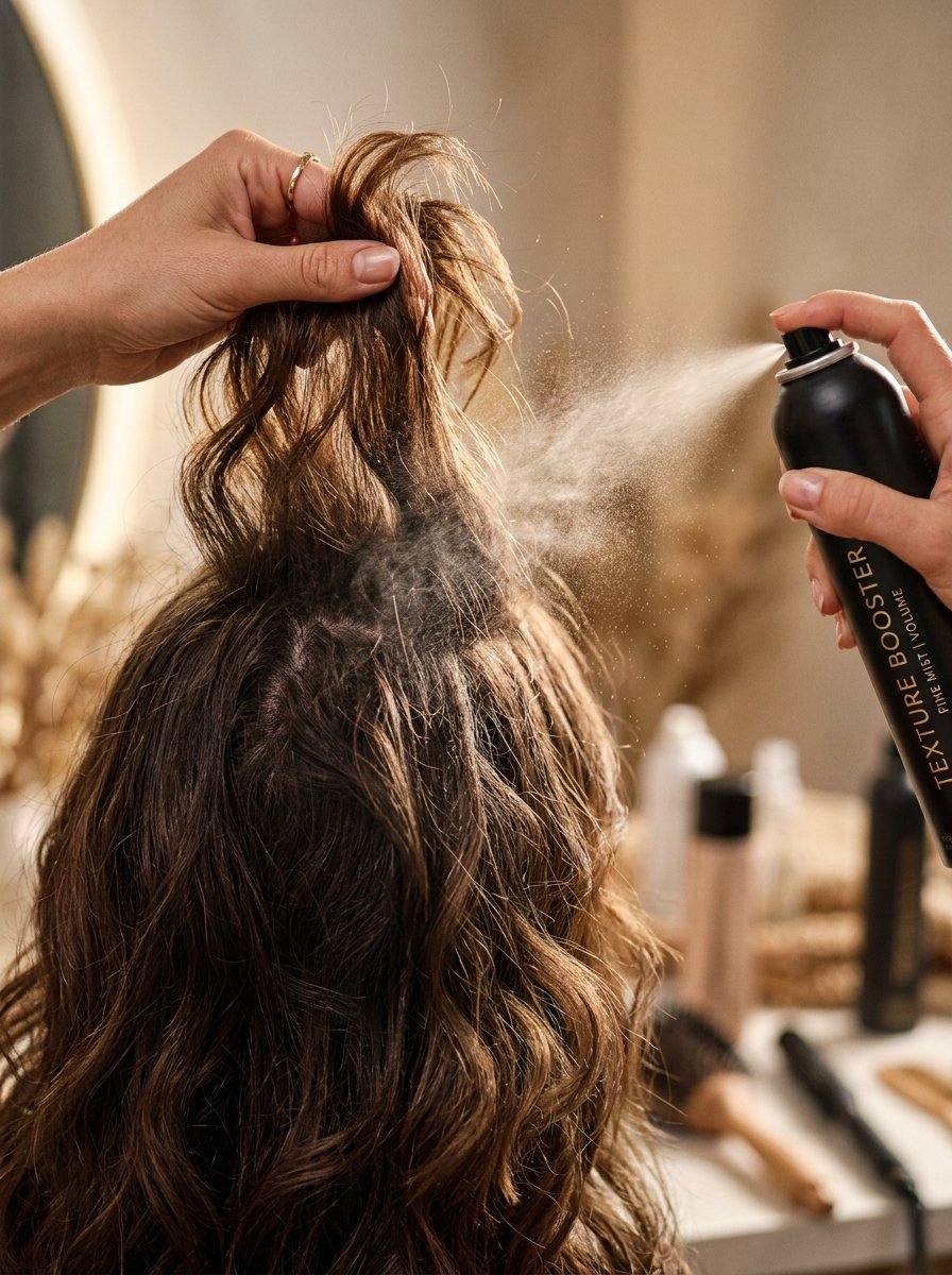 Close-up of hands spraying fine mist hair product into lifted sections of brunette wavy hair